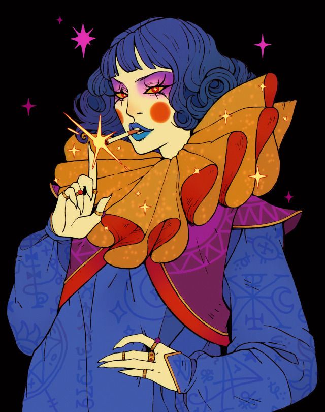 a drawing of a woman with blue hair and makeup holding a star in her hand