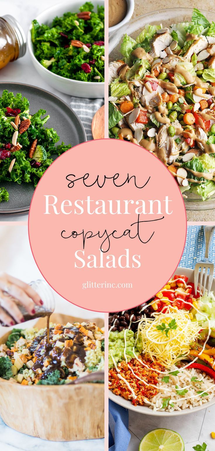 several different types of salads with the words seven restaurant concept salads above them