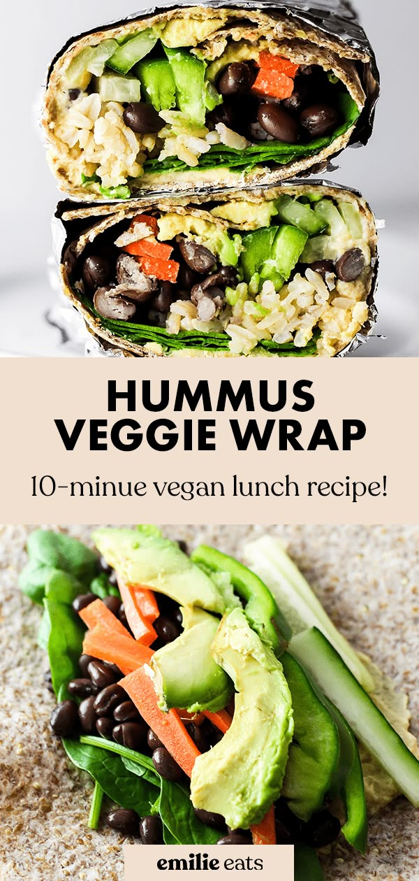 two wraps filled with vegetables and beans on top of each other, in front of the words hummus vegetable wraps vegan & gluten - free