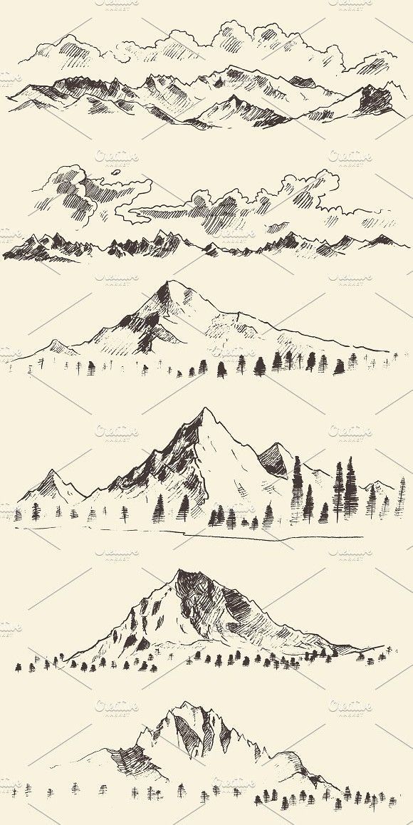 the mountains and trees are drawn by hand