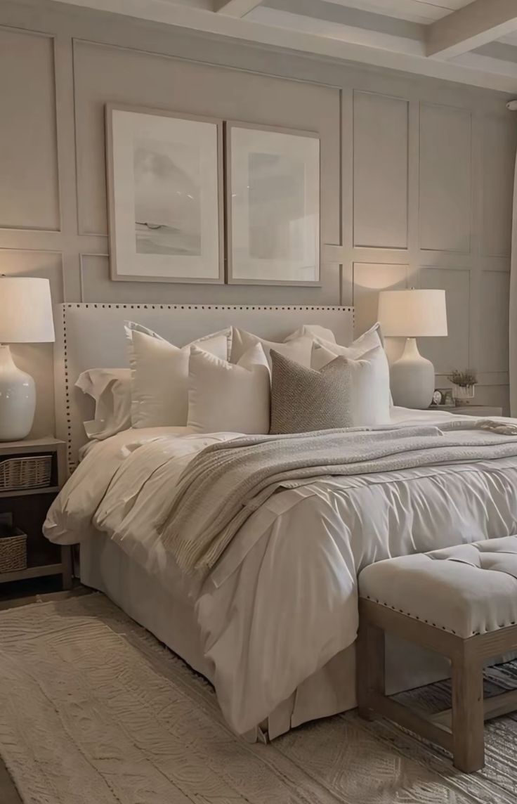 a large white bed sitting in a bedroom next to two lamps on either side of the bed