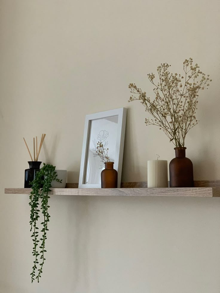 a shelf with vases and plants on top of it next to a framed photograph