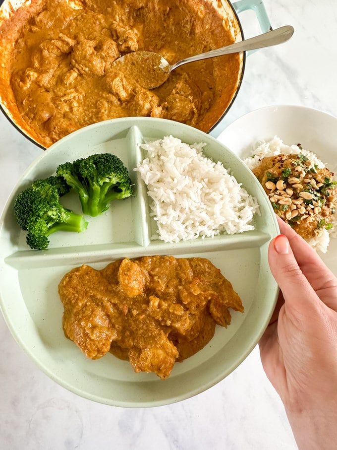 a person holding a plate with rice, broccoli and other food on it