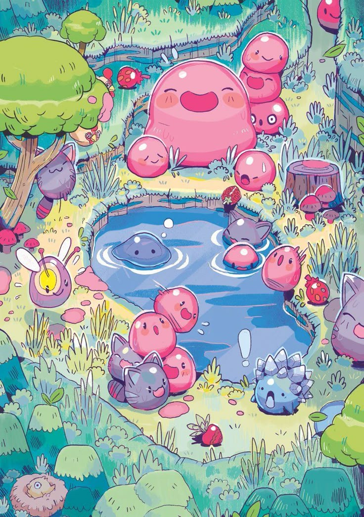 an image of a cartoon scene with many animals in the water and plants around it