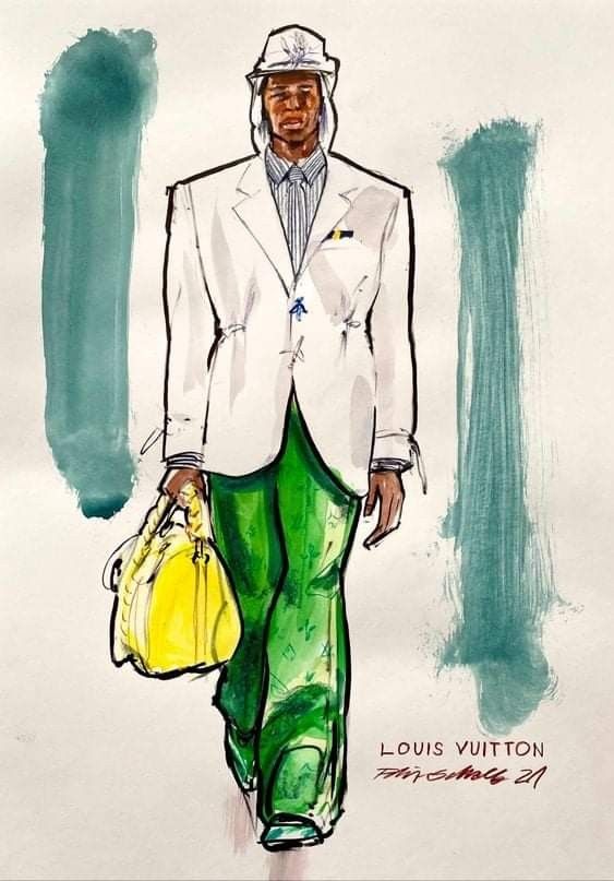 a drawing of a man in a white jacket and green pants holding a yellow bag