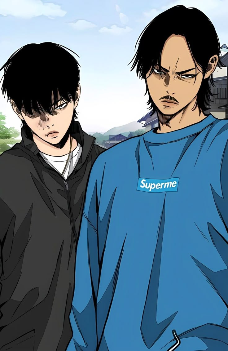 two young men standing next to each other in front of a blue sky with the words supreme on it