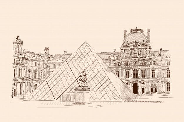 a drawing of a building with a large pyramid in the middle and a statue at the base