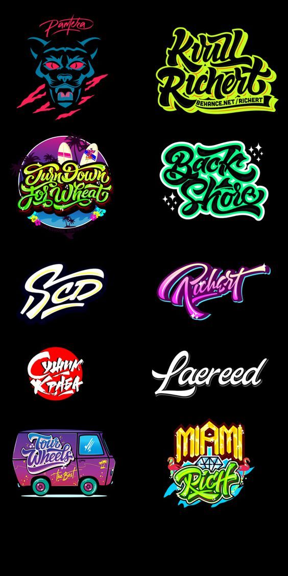 various stickers that are on the side of a black background, with different colors and font