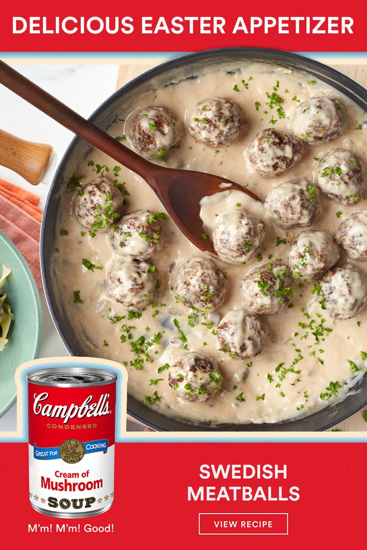 a can of soup with meatballs in it and a wooden spoon next to it