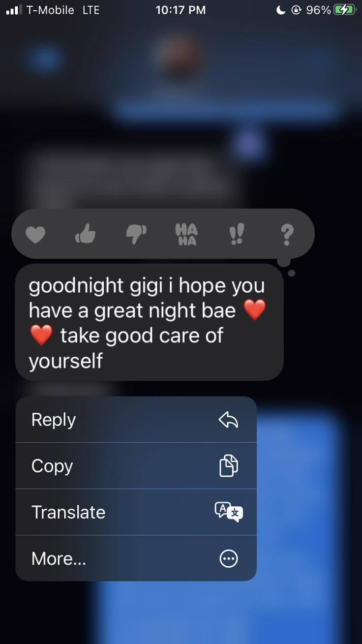 two texts that are on the same cell phone, one says goodnight gigi i hope you have a great night bae