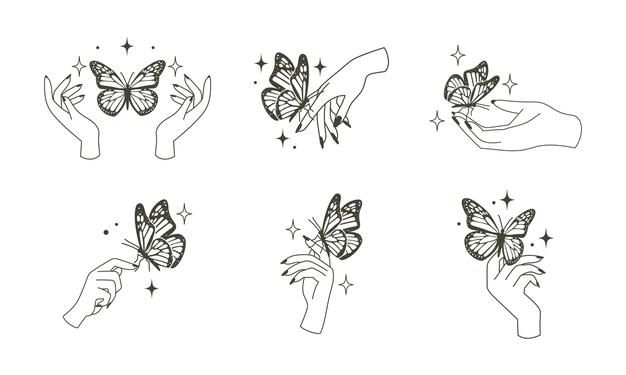 hand drawn butterflies in different positions with stars on the wings and hands reaching for them