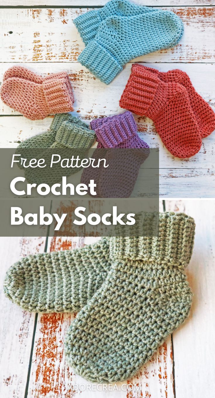 crochet baby socks with text that reads, free pattern and instructions to make them