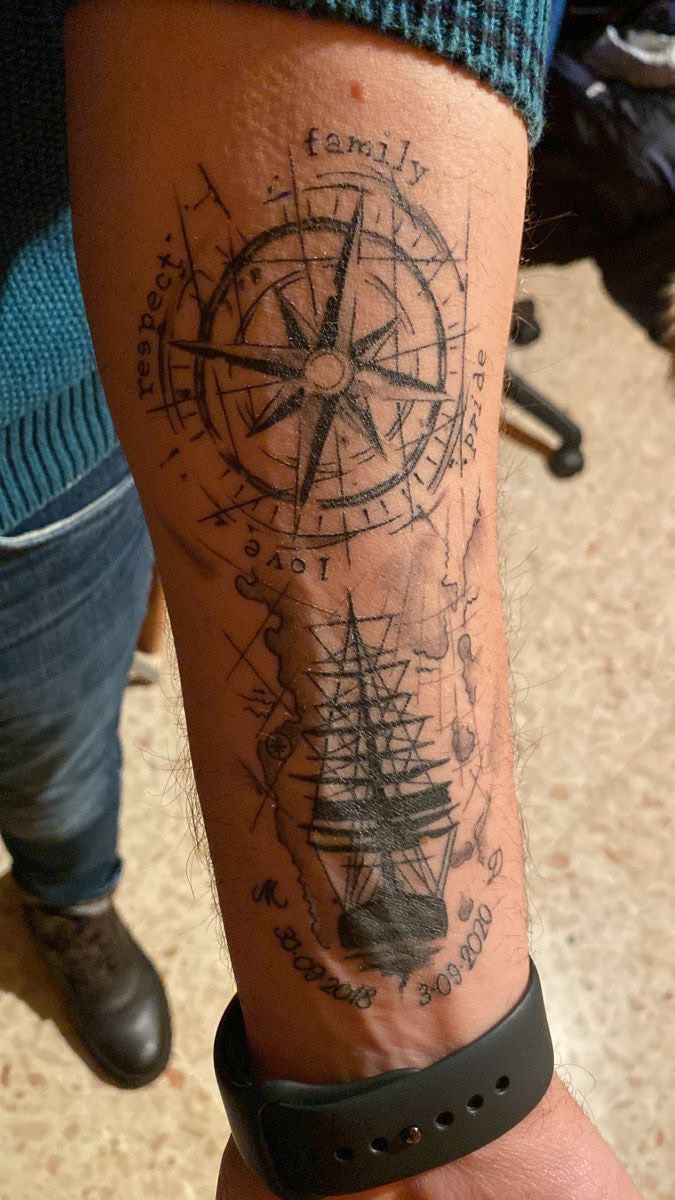 a person with a compass tattoo on their arm