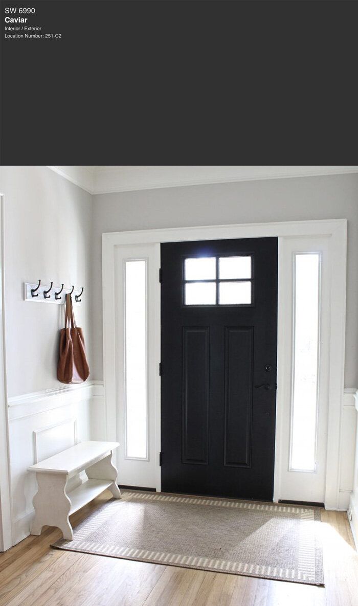 a black door is in the middle of a white room with wood flooring and coat hooks