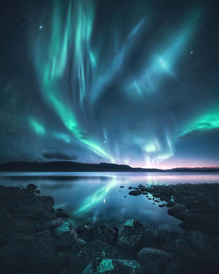 the aurora bore is glowing brightly in the night sky over water and rocks, with green lights