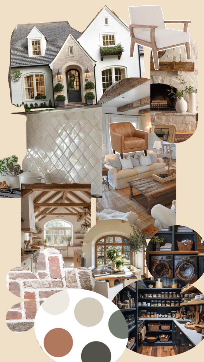 a collage of photos with different furniture and decor items in the center, including a house