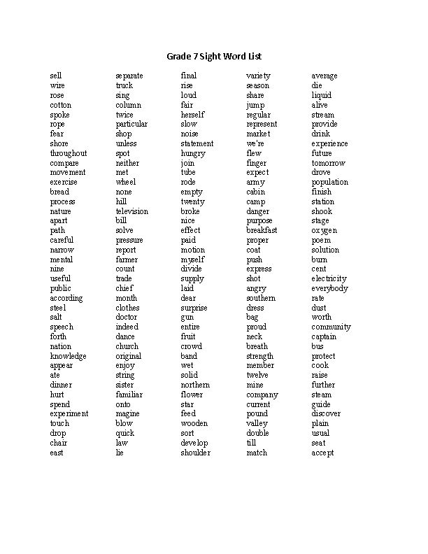 an image of words that are in the word list for sight and language practice, including