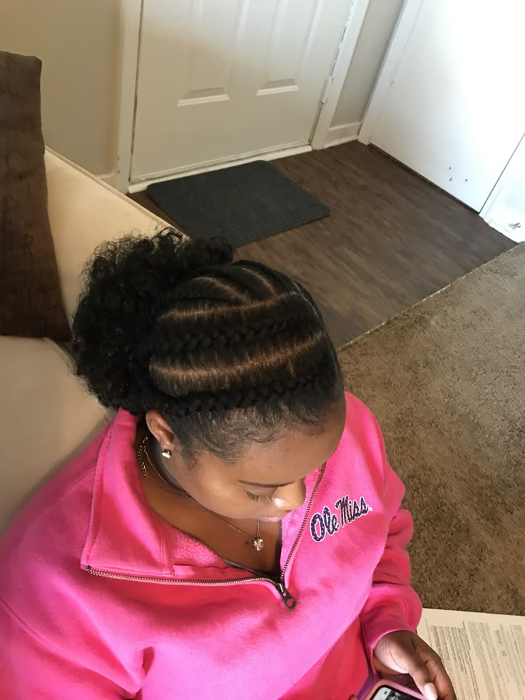 Natural Hair Cornrow Hairstyle, Quick Easy Braids For Black Women Natural Hairstyles, Quick Braided Hairstyles For Black Women Natural Hair, Short Hairstyles With Natural Hair, Hairstyle For Short Hair Natural, Styles For Short Natural Hair Ideas, Cornrow Puff Hairstyles For Black Women, Braided Natural Hairstyles No Weave 4c, Natural Braided Bun Hairstyles