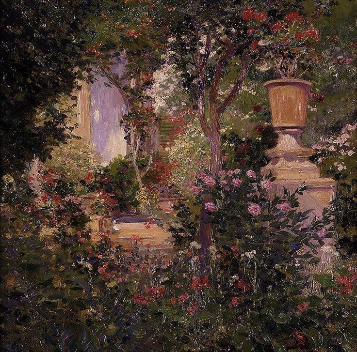 a painting of a garden with flowers and trees