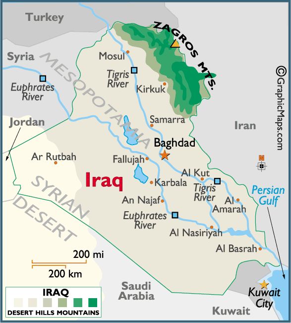 a map of iraq showing the location of several major cities and their respective towns in green