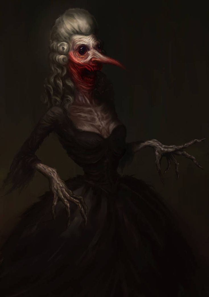 a creepy looking woman in a black dress