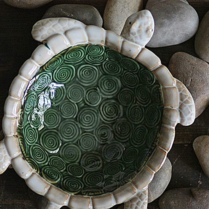 a turtle shaped bowl sitting on top of some rocks