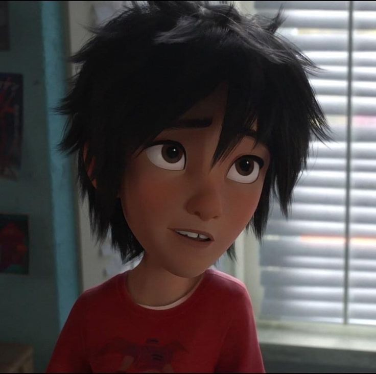 an animated character with black hair and big eyes looks at the camera while wearing a red t - shirt