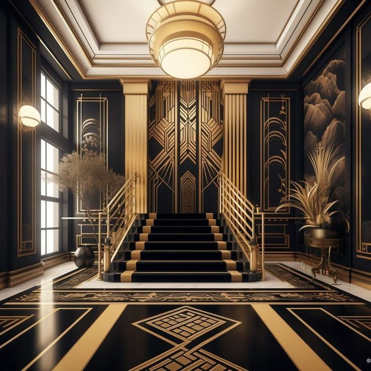 an art deco staircase with black and gold decor on the walls, chandelier and windows