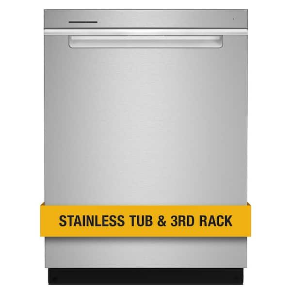 a stainless steel dishwasher with yellow tape around it and the words, stainless tub & 3rd rack