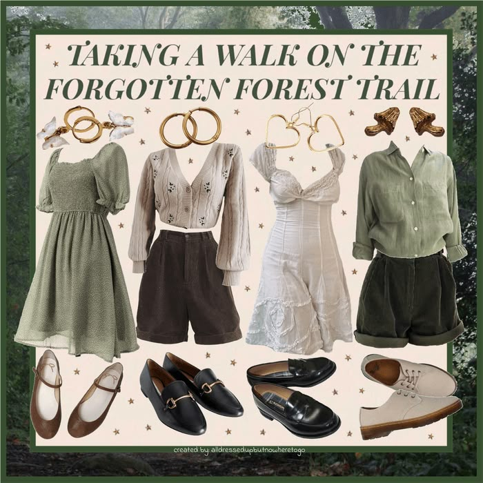 Outfit Lookbook Aesthetic, Hufflepuff Academia Outfit, Forest Walk Outfit, Forest Academia Outfit, Forest Outfit Ideas, Fairy Academia Aesthetic, Folklore Aesthetic Outfits, Summer Cottagecore Outfits, Nature Aesthetic Outfit