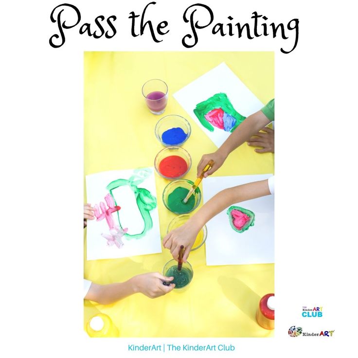 kids are painting with their hands on paper and watercolors, while the text reads pass the painting