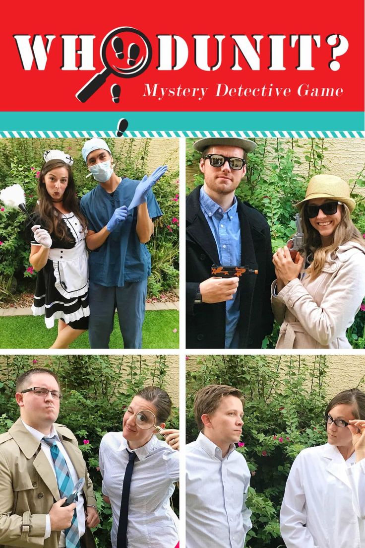 four different pictures of people dressed up in costumes and hats, with the words who dunt? mystery detective game on them