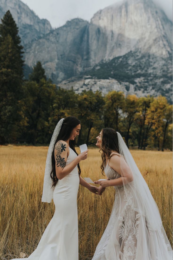 two women in wedding gowns standing next to each other with mountains in the background