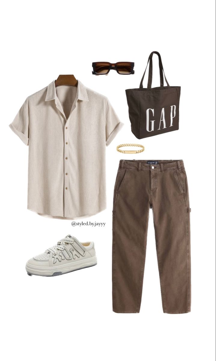 Gap tote bag outfit men's casual outfit style ootd Mens Earth Tone Outfits Summer, Ootd Cowok Casual, Earth Tone Men Outfit Casual, Earthy Tones Outfit Men, Mens Neutral Outfit, Earth Tone Male Outfit, Nuetral Pallete Outfits Men, Earth Tone Outfits Men, Guys Fashion Casual