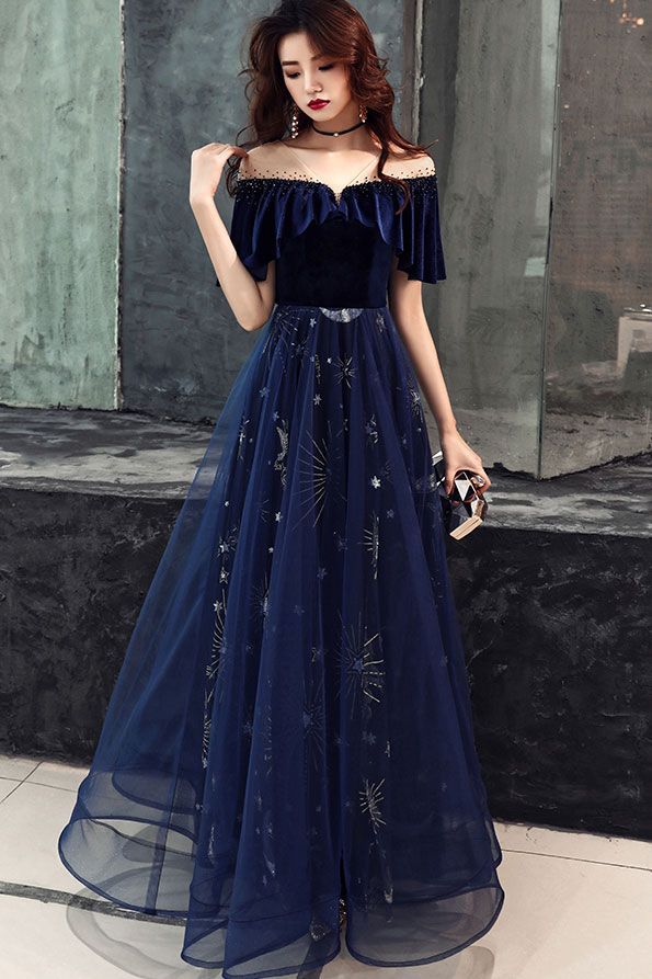 glam gown Tulle Evening Dress With Sweep Train, Floor-length Tulle Evening Dress, Blue Ball Gown For Prom, Floor-length Tulle Skirt Dress For Prom Season, Blue Tulle Gown For Homecoming, Blue Evening Dress With Sweep Train, Blue Tulle Ball Gown For Homecoming, Tulle Gown With Sweep Train For Gala, Gala Gown With Sweep Train In Tulle