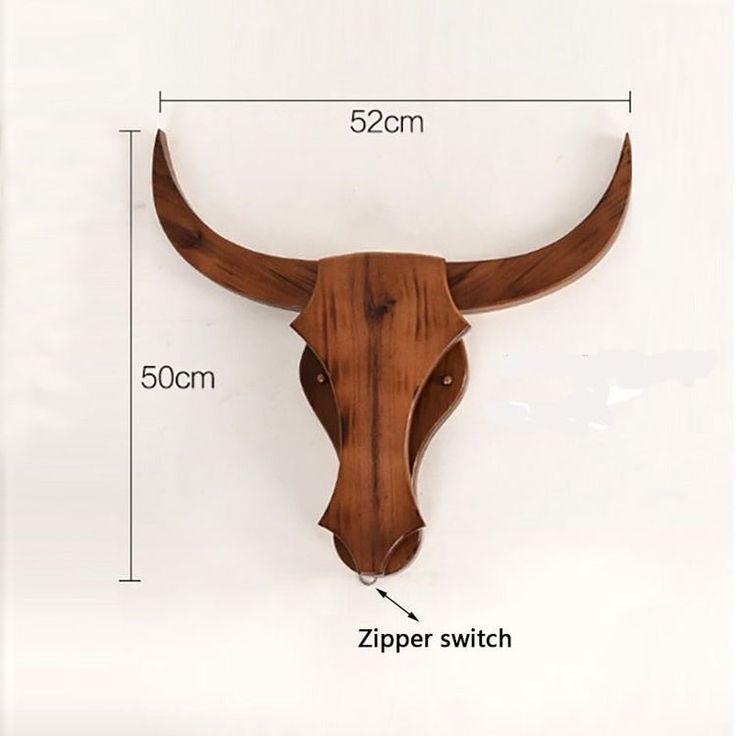 an animal's head mounted on the wall with measurements for each piece in it