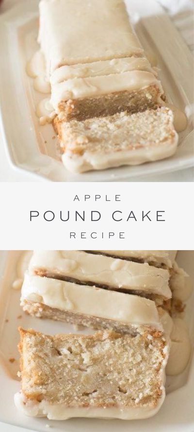 an image of apple pound cake with icing on the top and bottom slices cut in half