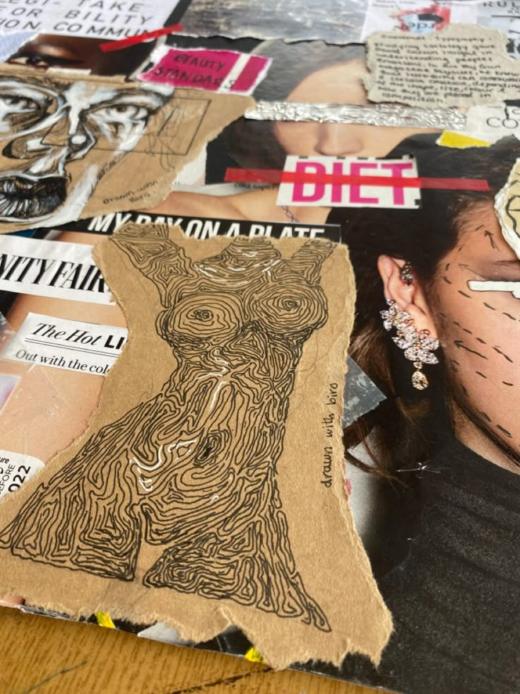 an altered photograph of a woman's face surrounded by newspaper clippings and stickers