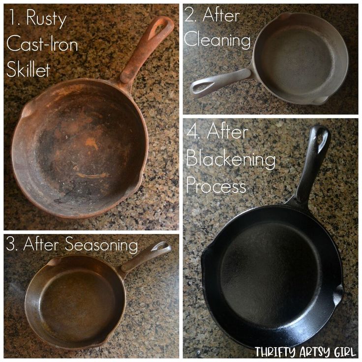 four pictures showing how to clean cast iron skillets