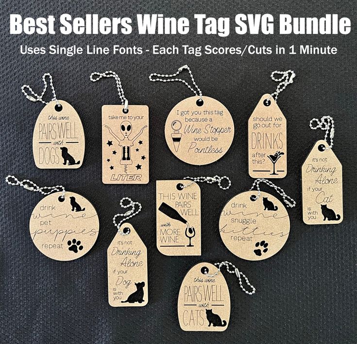 These wine tags are not only my personal best sellers - they are newly recreated using single line fonts for a SUPER quick cut! Set the red lines to SCORE and the black lines to CUT - each tag takes about 1 minute! 10 files in the bundle. Samples shown were done on MDF making them highly profitable. I sell them for $3 each / 5 for $10. They are a great scrap buster, too! **Be sure to view our entire shop for more original SVG files NOTE: Once files are purchased you are free to create and sell a Glowforge Projects, Wine Christmas Gifts, Cnc Plans, Wine Bottle Tags, Laser Projects, Scrap Busters, Laser Ideas, Wine Bags, Bottle Tags