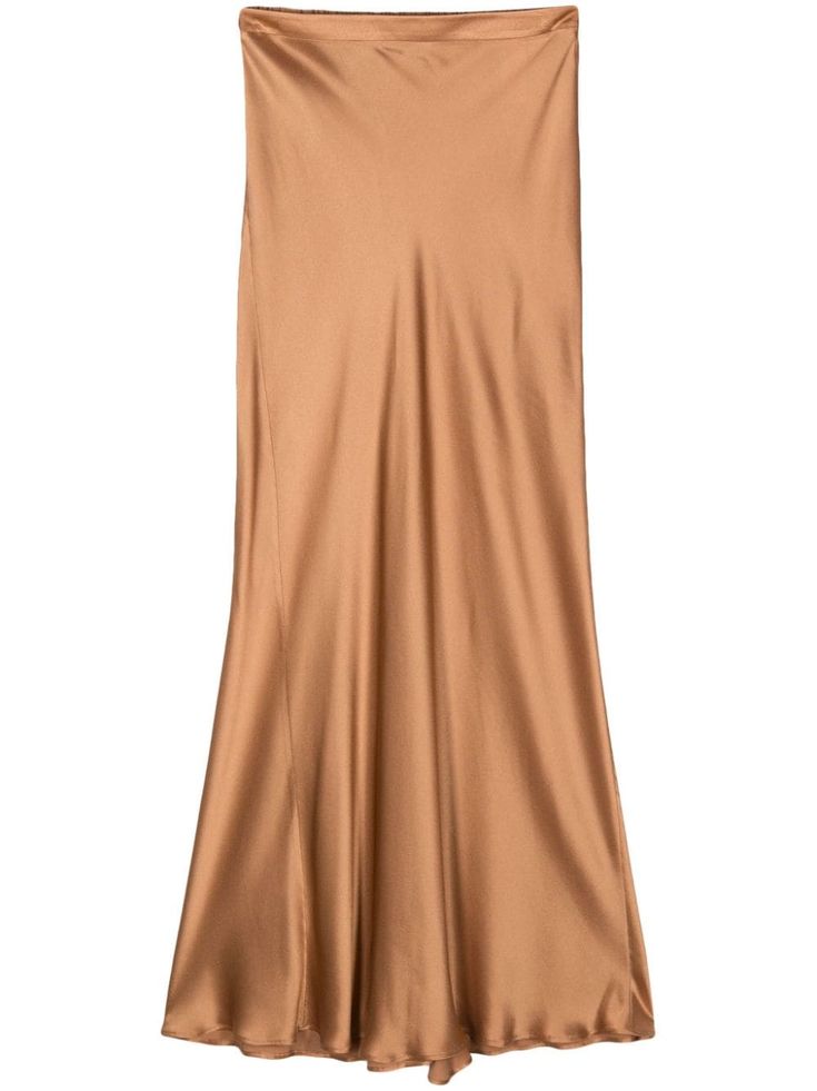 caramel brown satin weave rear elasticated waistband pleat detailing long length unlined peplum hem pull-on style Satin Brown Skirt, Brown Satin Maxi Skirt, Chic Brown Luxury Maxi Skirt, Luxury Brown Pleated Skirt, Luxury Brown Asymmetrical Skirt, Brown Satin, Caramel Brown, Peplum Hem, Satin Skirt