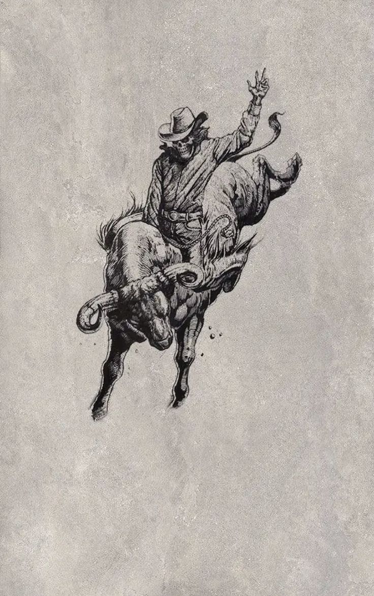 a black and white drawing of a man riding a bull with a cowboy on it