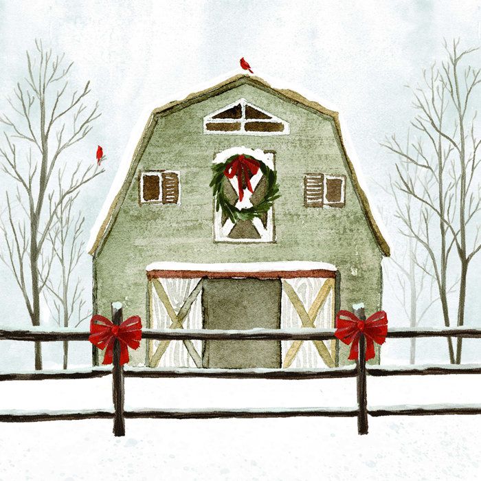 a painting of a barn in the snow with wreaths on it's door