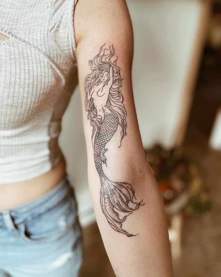 Vintage Mermaid Tattoo, Siren Tattoos, Empowerment Tattoo, Mermaid Sleeve Tattoos, Us Tattoo, Siren Tattoo, Mermaid Tattoo Designs, Mystical Tattoos, On Tattoo