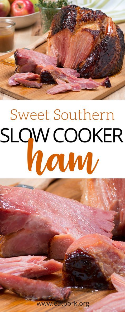 slow cooker ham on a cutting board with apples in the background and text overlay that reads sweet southern slow cooker ham