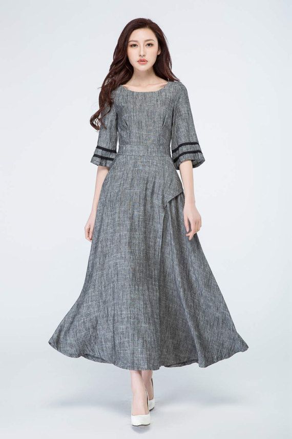 f337d999d9ad116a7b4f3d409fcc6480desc34838293ri Gaun Koktail, Womens Dress Tops, Grey Maxi, Dress Linen, Grey Dress, Linen Maxi Dress, Dress Spring, Dress Evening, Dress Prom