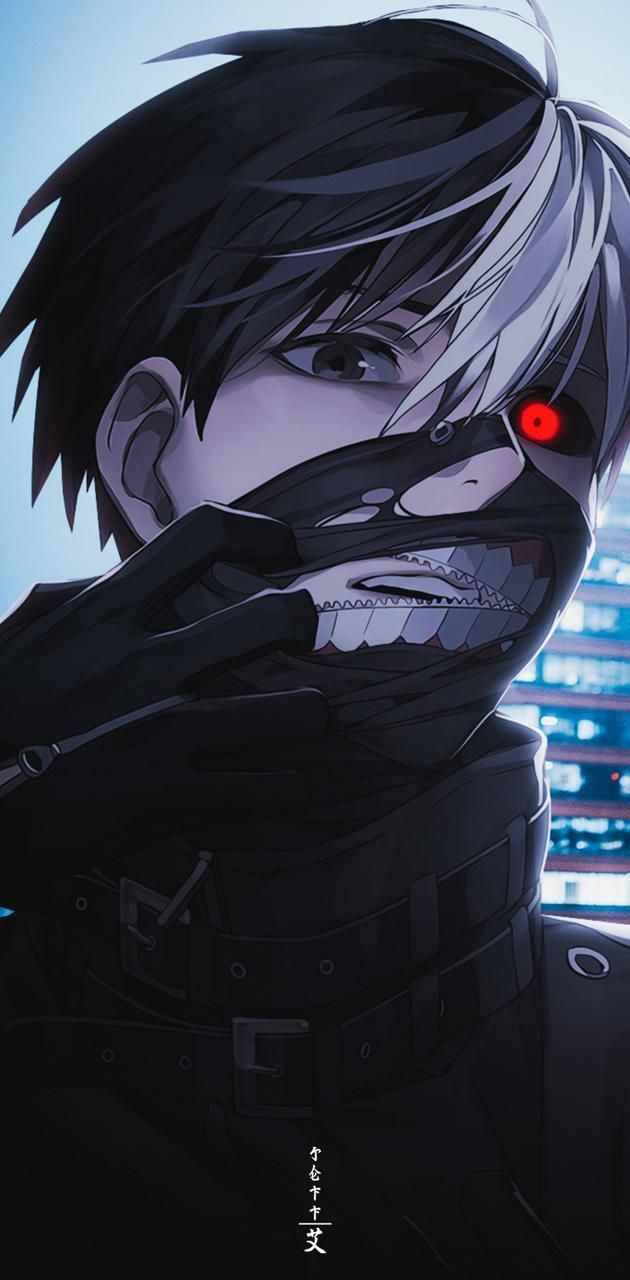 an anime character with black hair and red eyes looking at the camera while standing in front of a cityscape