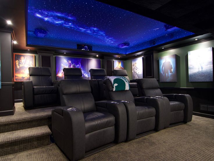 a home theater with two recliners in front of the projector and three screens on the wall