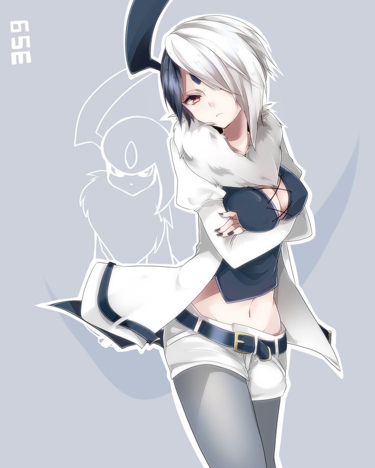 an anime character with white hair and blue eyes, holding her arms around her chest