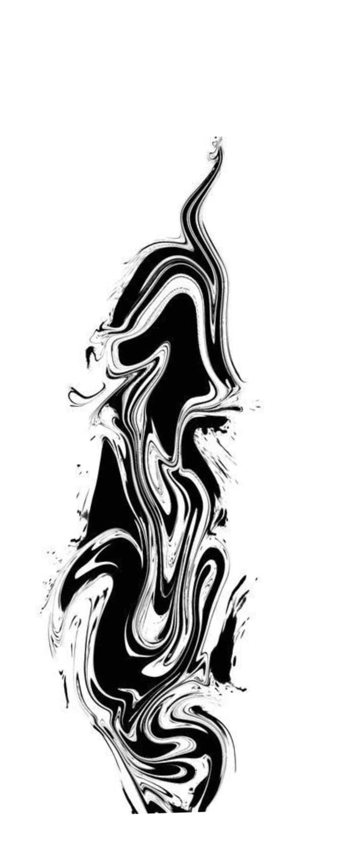 an abstract black and white painting with swirly lines on it's side, in the shape of a wave